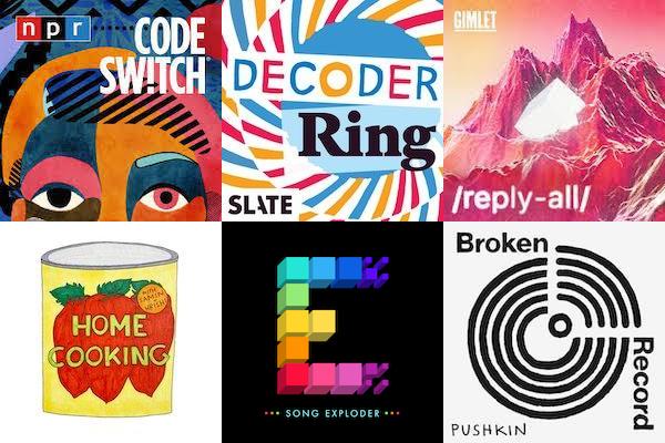 Images of six essential podcasts. Code Switch, Decoder Ring Reply All, Home Cooking, Song Exploder, Broken Record